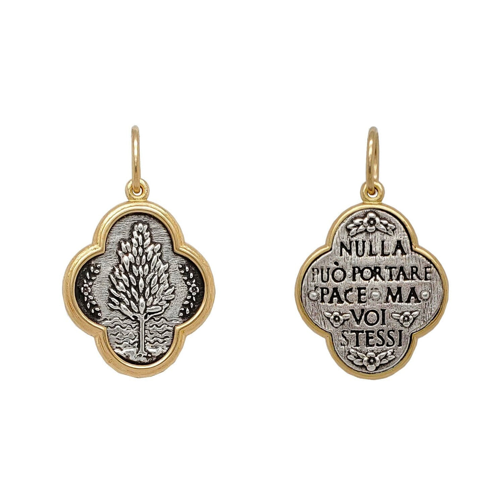solo tree double sided charm reads "Nothing can bring you peace but yourself" by Ralph Waldo Emerson . Shown in oxidized sterling silver with 18k gold rim & bail  #c252c