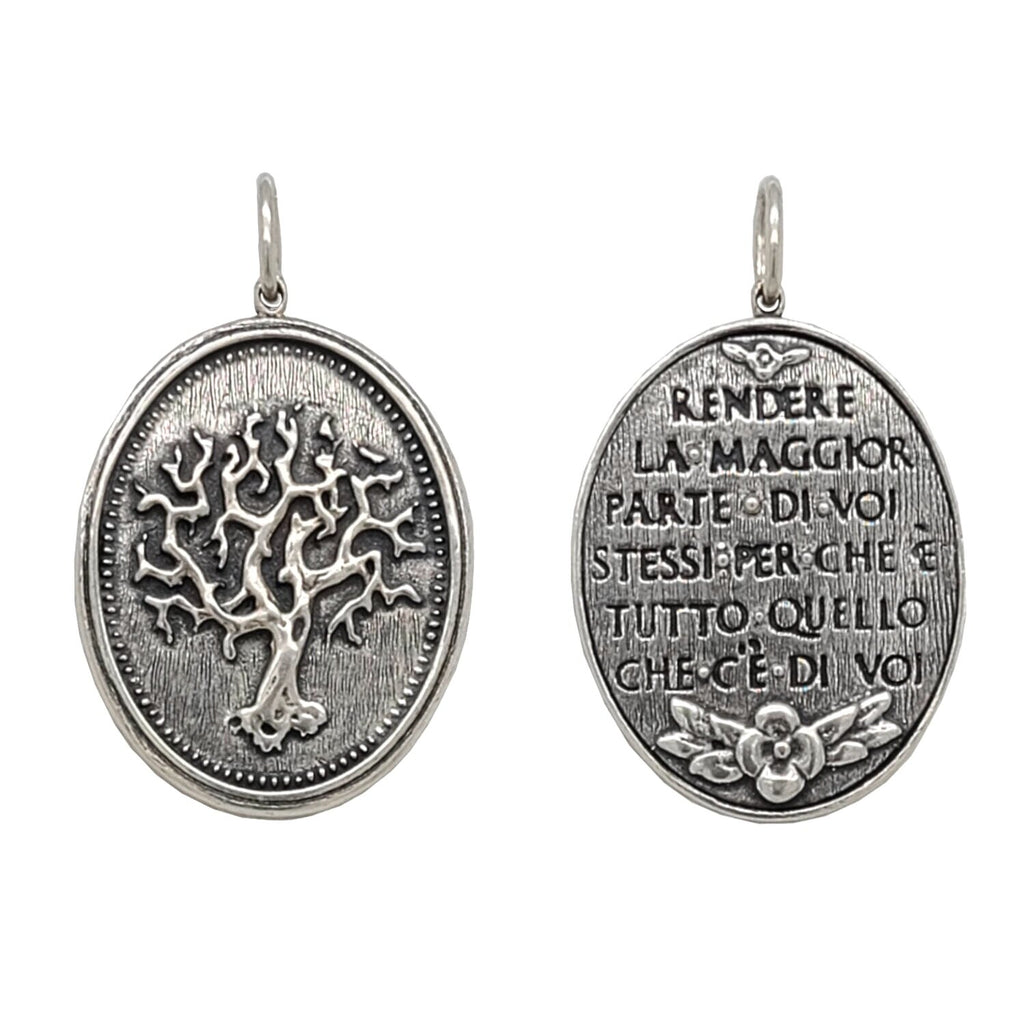 old gnarly double sided tree of life charm reads " Make the most of yourself, for that is all there is of you" by Ralph Waldo Emerson shown in oxidized sterling silver #c254-0