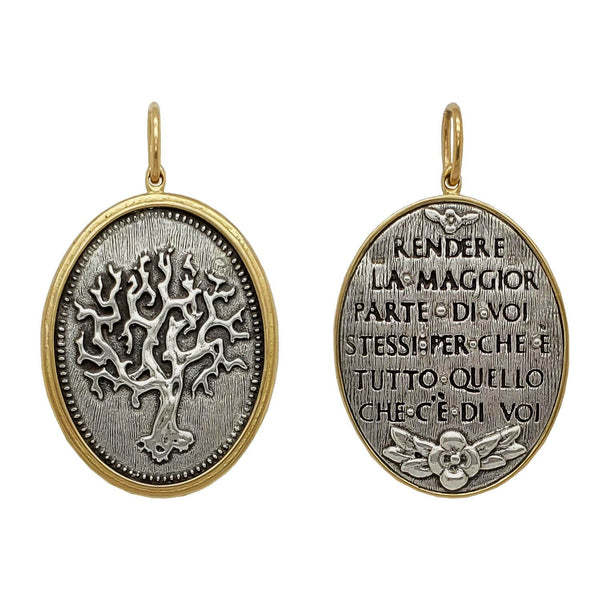old gnarly double sided tree of life charm reads " Make the most of yourself, for that is all there is of you" by Ralph Waldo Emerson shown in oxidized sterling silver  with 18k gold rim & bail #c254c
