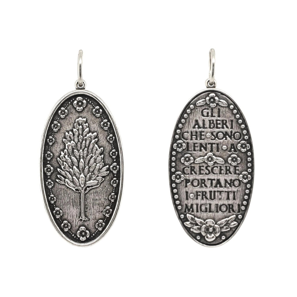 slim tree + flowers double sided charm reads "The trees that are slow to grow bare the best fruit" by Moliere in oxidized sterling silver #c257-0