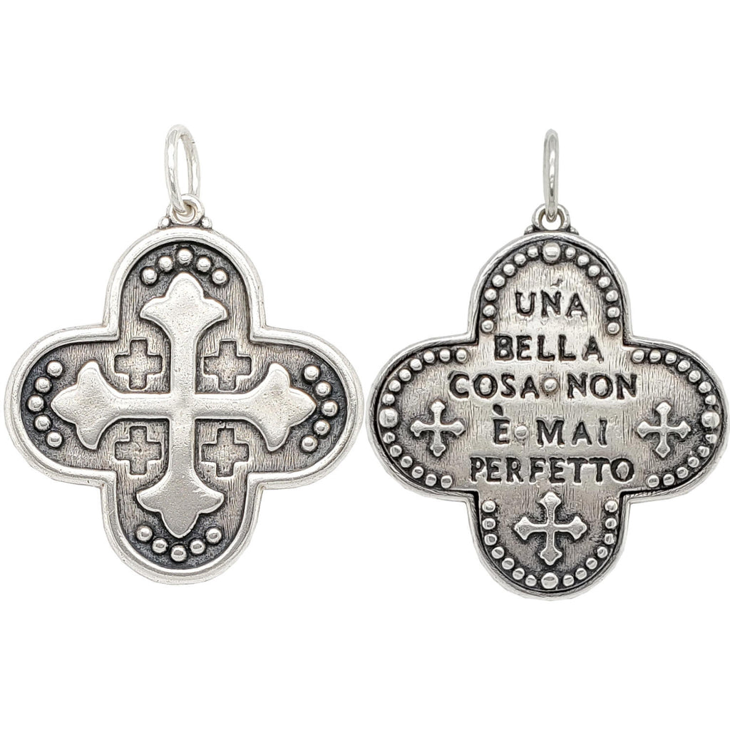 large Maltese + safety cross double sided charm reads "a beautiful thing is never perfect" shown in oxidized sterling silver  #c259-0