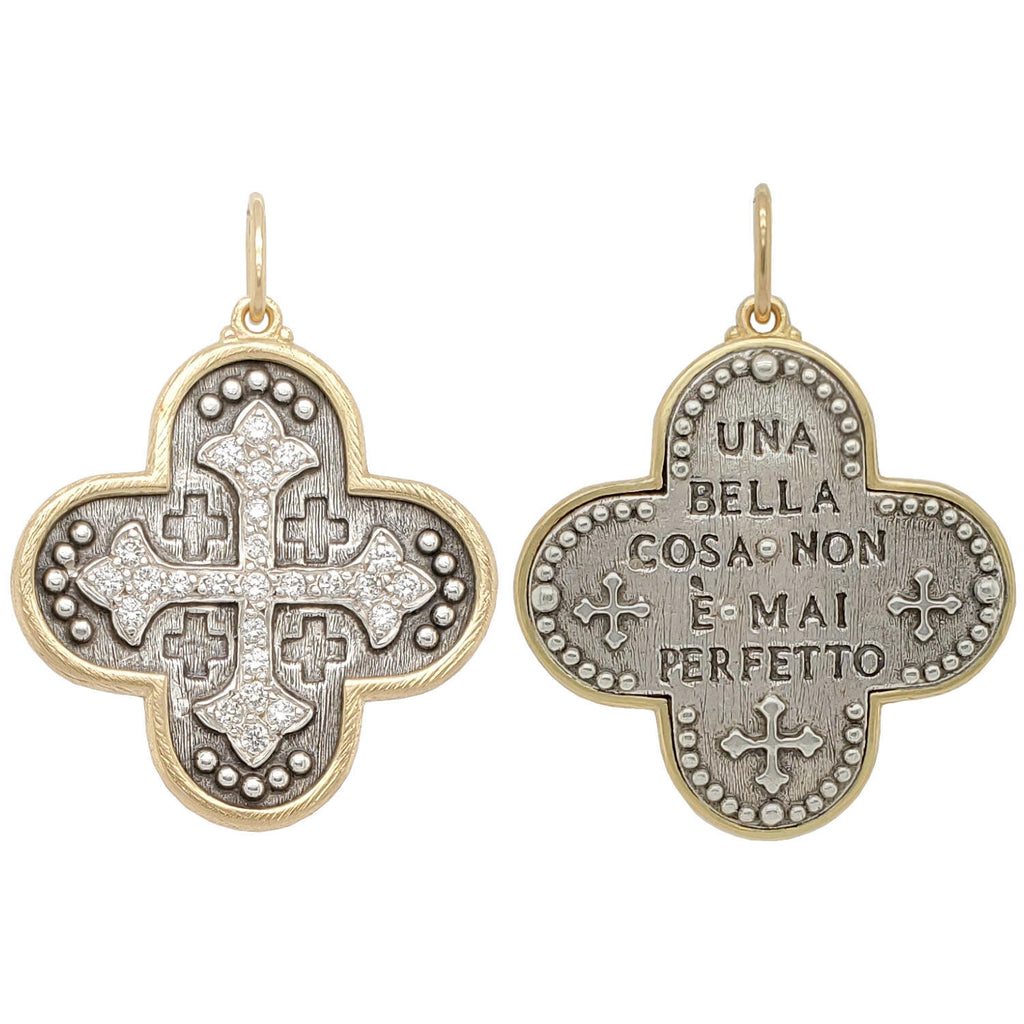 large Maltese + safety cross double sided charm with white diamonds on cross .66cts reads "a beautiful thing is never perfect" shown in oxidized sterling silver with 18k gold rim &  bail #c259d