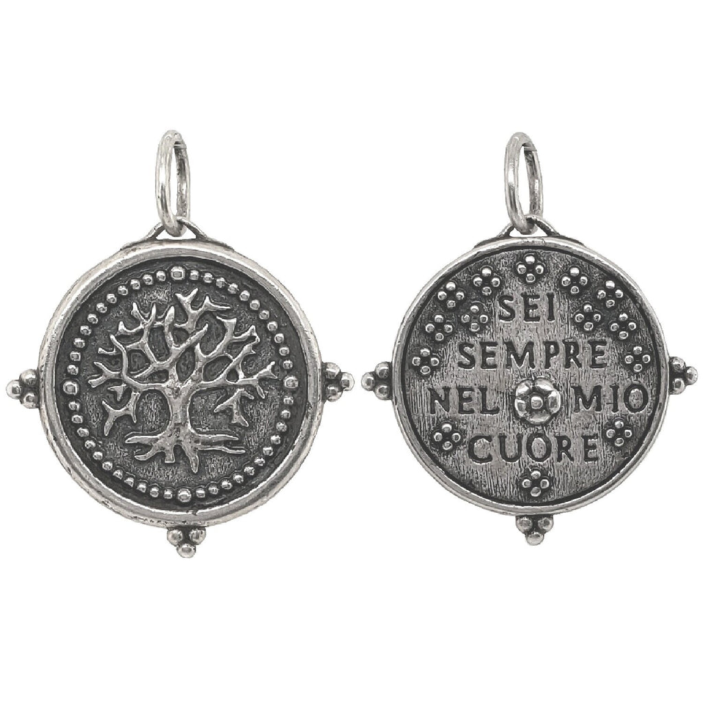 baby original tree of life double sided charm reads "you are always in my heart" shown in oxidized sterling silver #c281-0