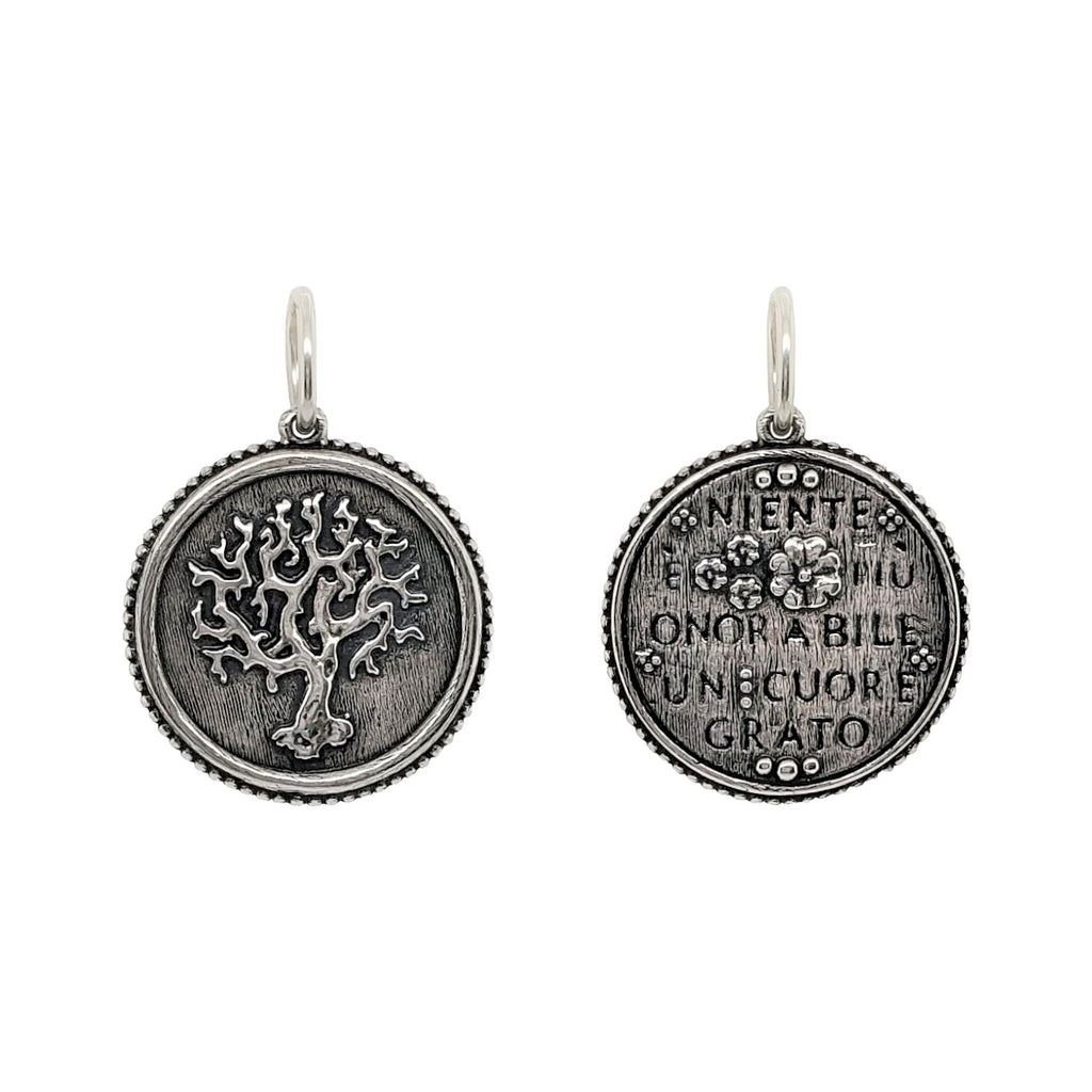 baby gnarly old tree of life double sided charm reads "Nothing is more honorable than a grateful heart" by Seneca shown in oxidized sterling silver #c265-0