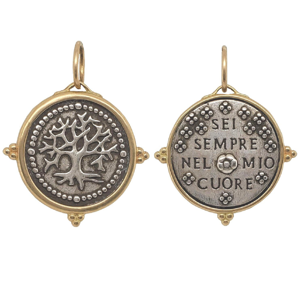 baby original tree of life double sided charm reads "you are always in my heart" shown in oxidized sterling silver with 18k gold rim & bail  #c281c