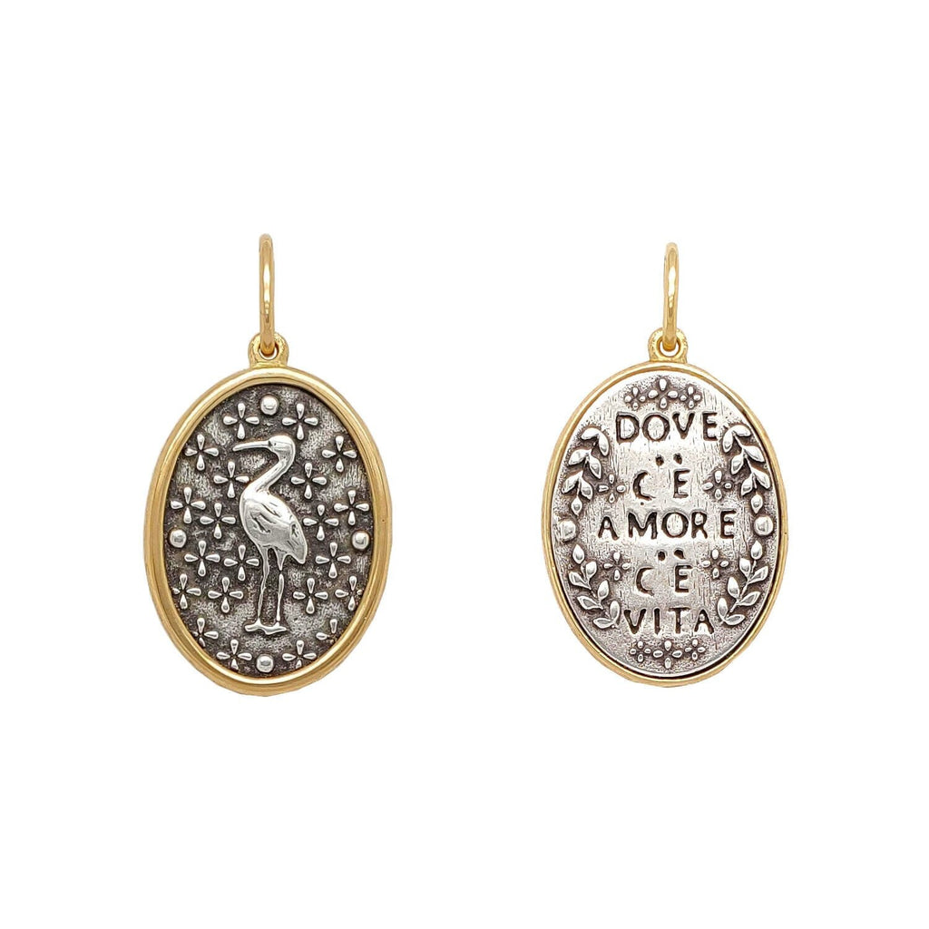 Ibis double sided charm reads "Where there is love there is life" by Mahatma Gandhi. Shown in oxidized sterling silver with 18k gold rim & bail #c268c 