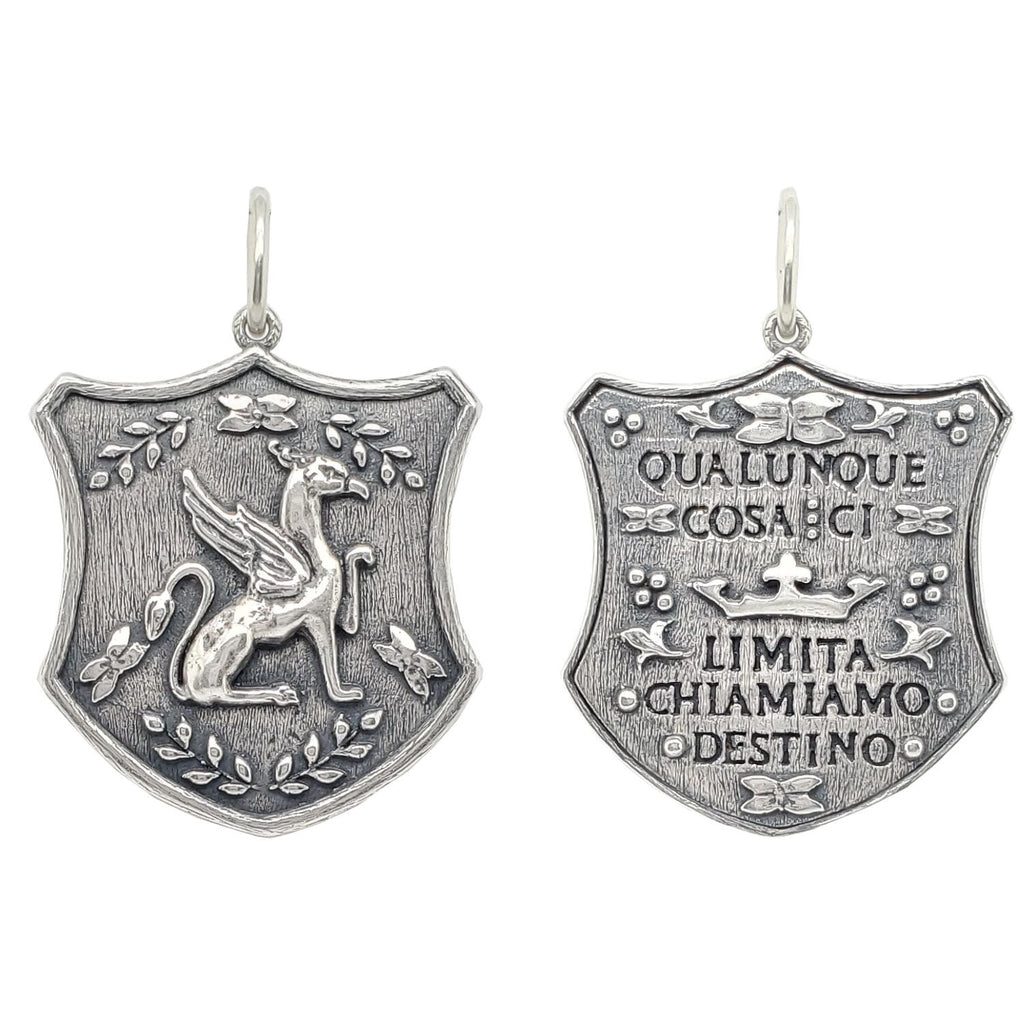 griffin double sided charm reads "Whatever limits us we call fate" by Ralph Waldo Emmerson in oxidized sterling silver #c270-0