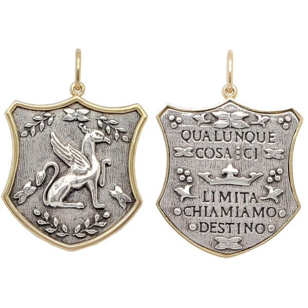 griffin double sided charm reads "Whatever limits us we call fate" by Ralph Waldo Emmerson in oxidized sterling silver with 18k gold rim & bail  #c270c