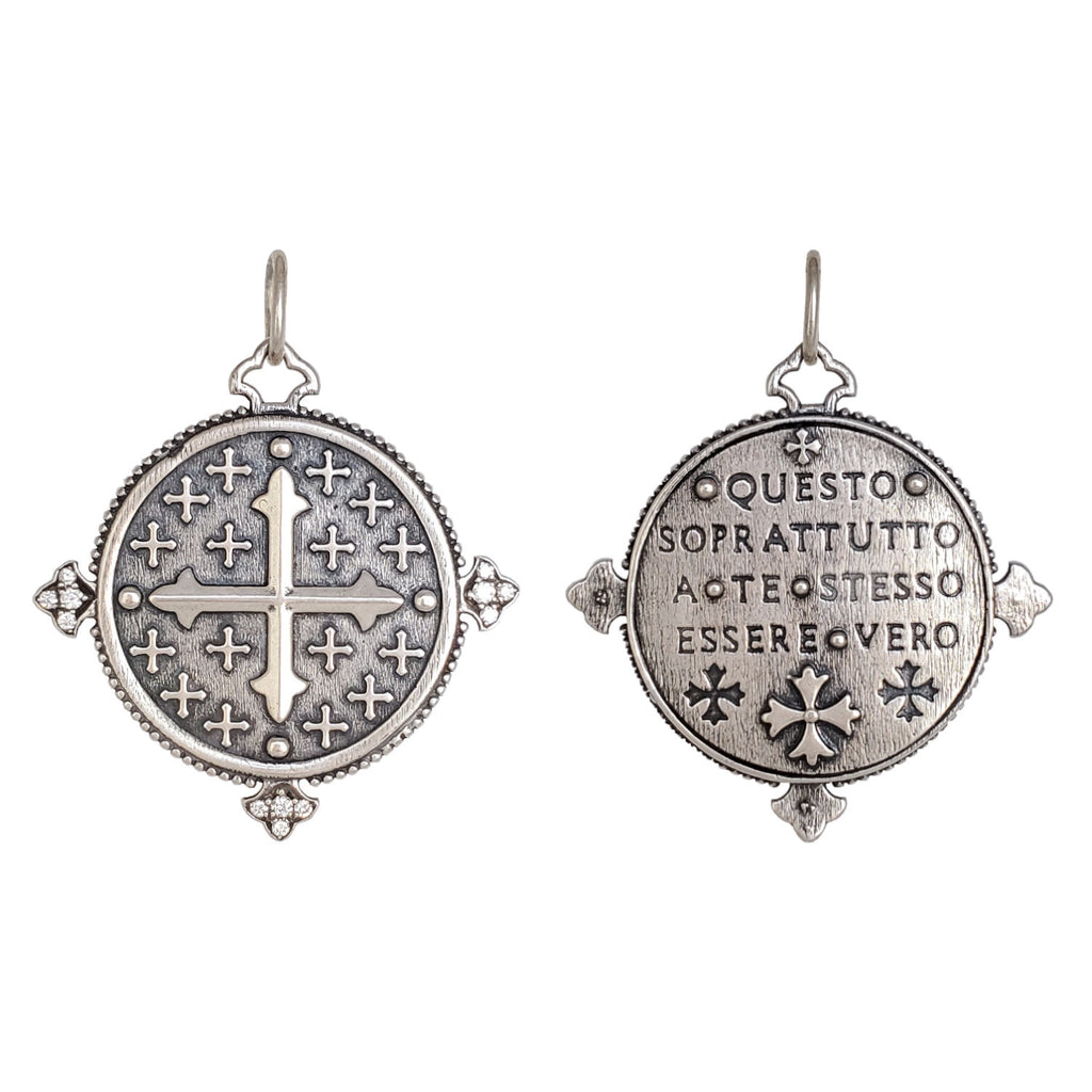 large FDL double sided cross charm reads "This above all, to thine self be true" by William Shakespeare. Shown in oxidized sterling silver  with white diamonds .09cts #c278-2