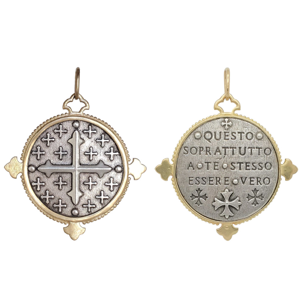 large FDL double sided cross charm  reads "This above all, to thine self be true" by William Shakespeare. Shown in oxidized sterling silver with 18k gold rim & bail #c278c