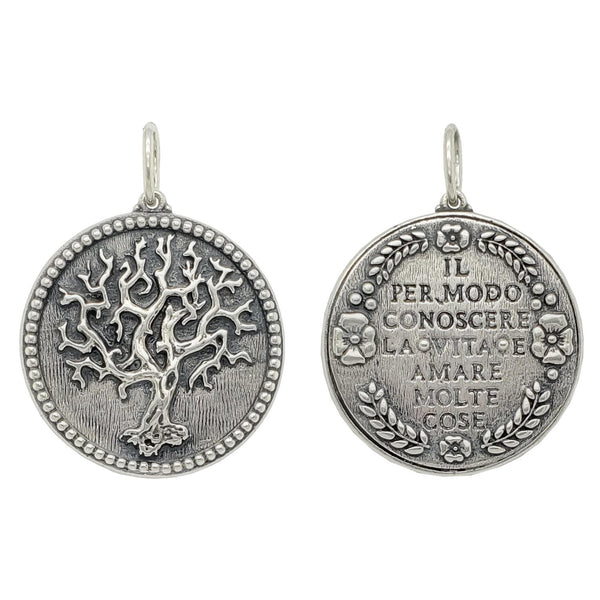 large round original tree of life double sided charm reads "The way to know life is to love many things"  by Vincent van Gogh shown in oxidized sterling silver #c280-0