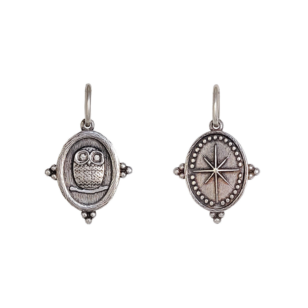 baby owl + North star double sided charm shown in oxidized sterling silver  with white diamond .01cts eyes c286-2