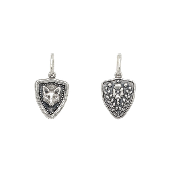 baby fox + flower double sided charm shown in oxidized sterling silver #c289-0