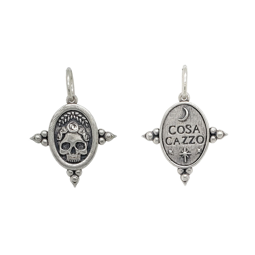WTF skull double sided charm shown in oxidized sterling silver #c290-0