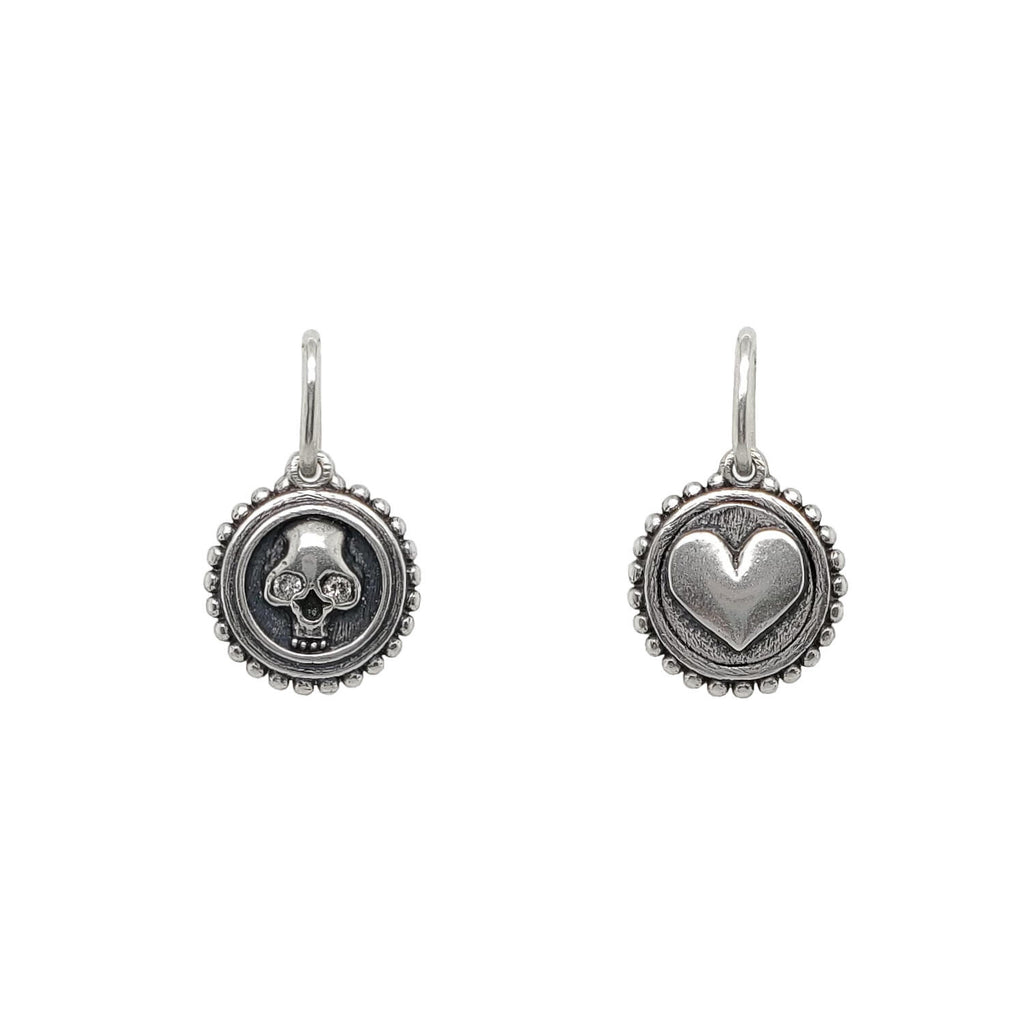 skull + heart double sided charm with diamond .046cts eyes  shown in oxidized sterling silver #c303x-2