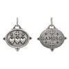 triple sacred heart + crosses double sided charm with white diamonds .015cts on heart side reads "love". Shown in oxidized sterling silver #c314-2