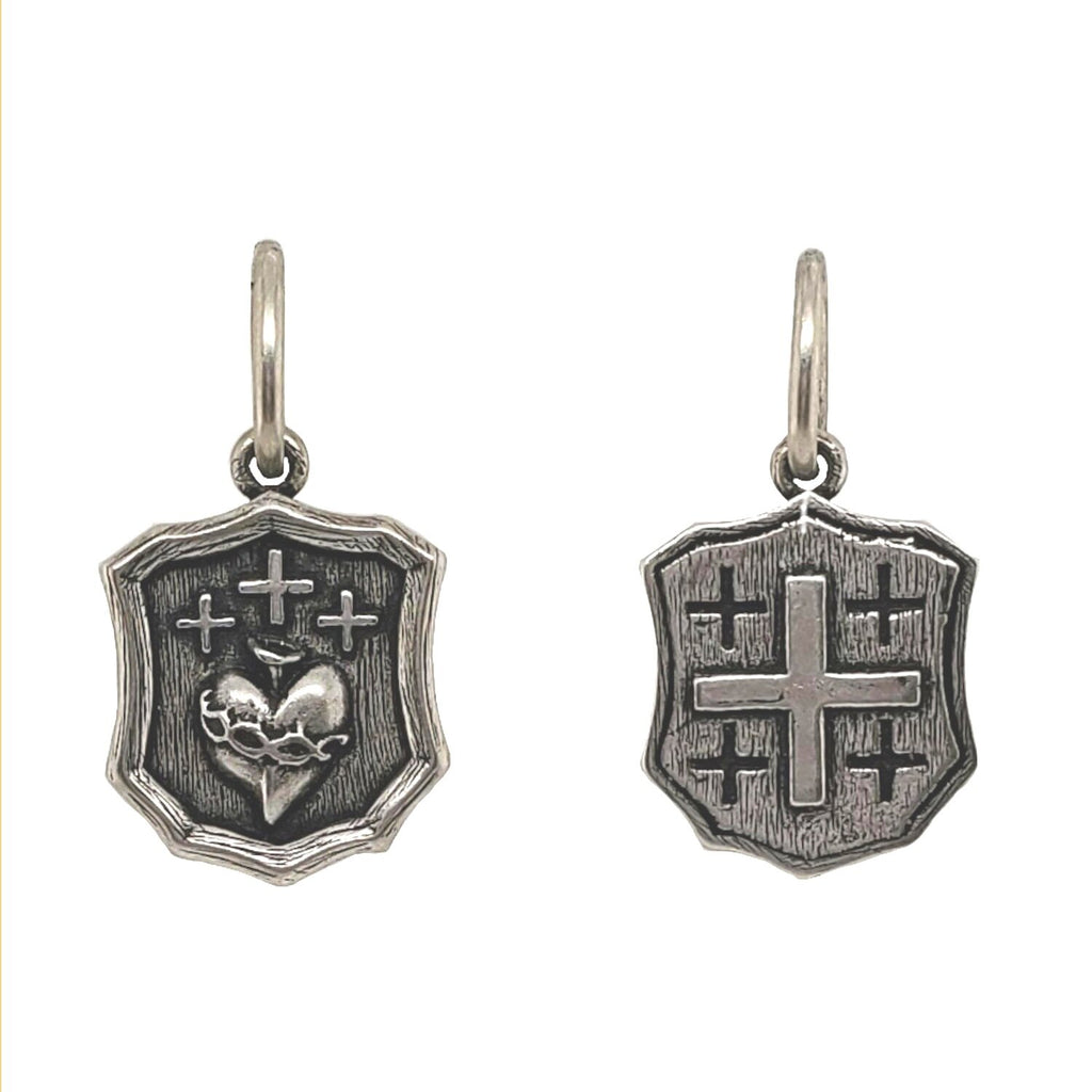 single sacred heart + crosses double sided charm shown in oxidized sterling silver #c315-0