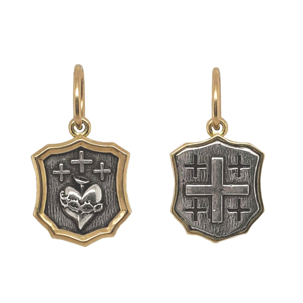 single sacred heart + crosses double sided charm shown in oxidized sterling silver with 18k gold rim & bail #c315c