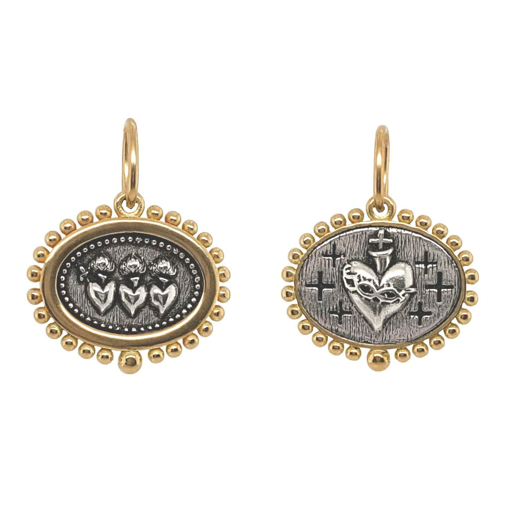 triple sacred heart double sided charm shown in oxidized sterling silver with 18k gold rim & bail #c316c