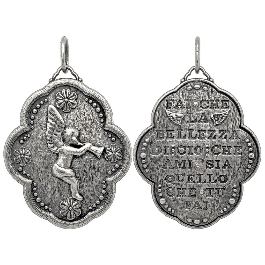 large trumpeting angle double sided charm reads "Let the beauty of what you are, be what you do" by Rumi. Shown in oxidized sterling silver #c317-0