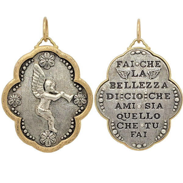 large trumpeting angle double sided charm reads "Let the beauty of what you are, be what you do" by Rumi. Shown in oxidized sterling silver with 18k gold rim & bail #c317c