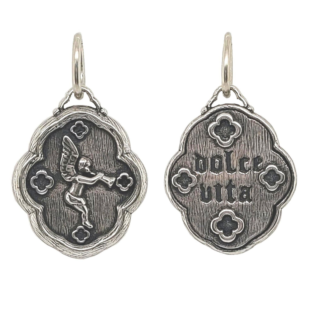 small trumpeting angle double sided charm reads "the sweet life". Shown in oxidized sterling silver #c318-0