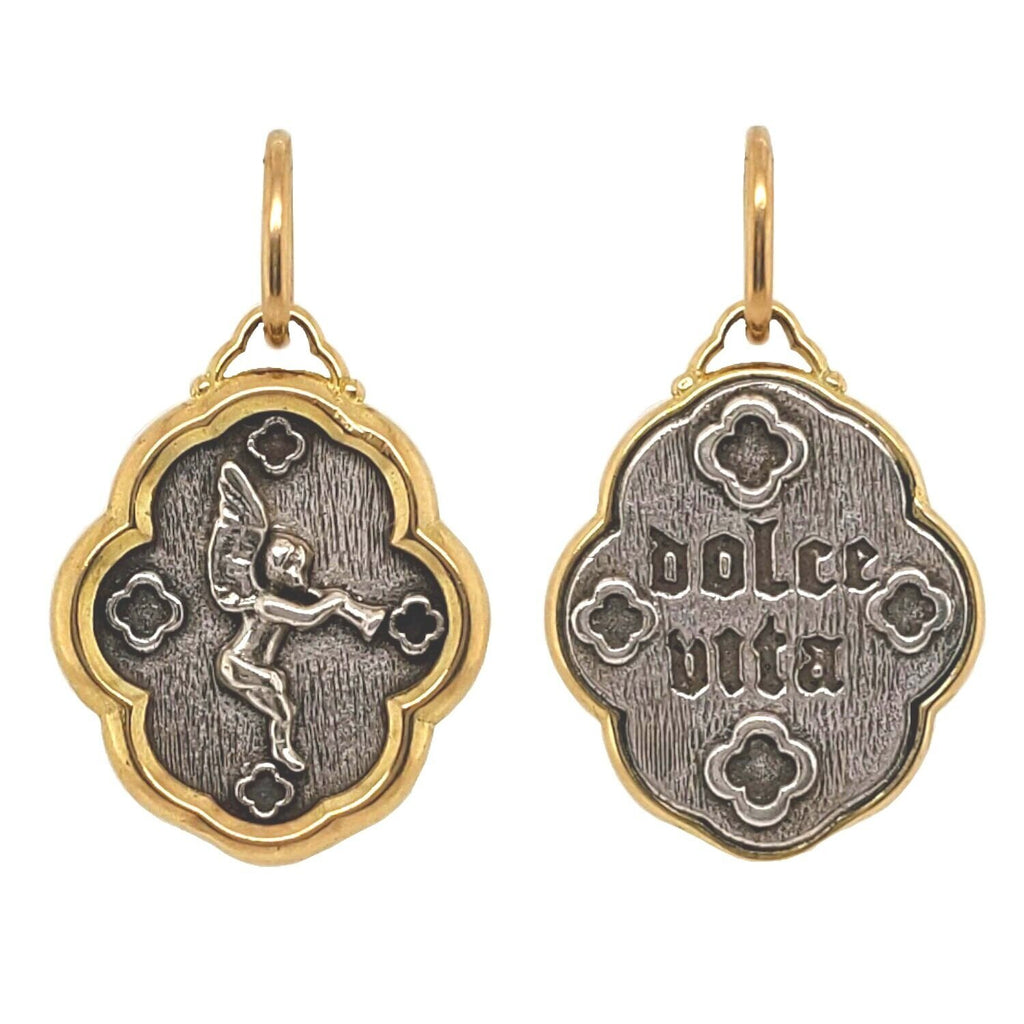 small trumpeting angle double sided charm reads "the sweet life". Shown in oxidized sterling silver with 18k gold rim & bail #c318c