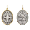 large Maltese double sided cross charm reads "family, where life begins & love never ends" shown in oxidized sterling silver with 18k gold rim & bail #c324c