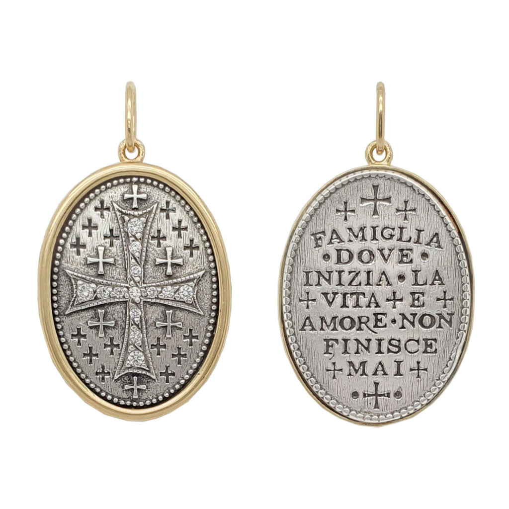 large Maltese double sided white diamond .23cts cross charm reads "family, where life begins & love never ends" shown in oxidized sterling silver with 18k gold rim & bail #c324d