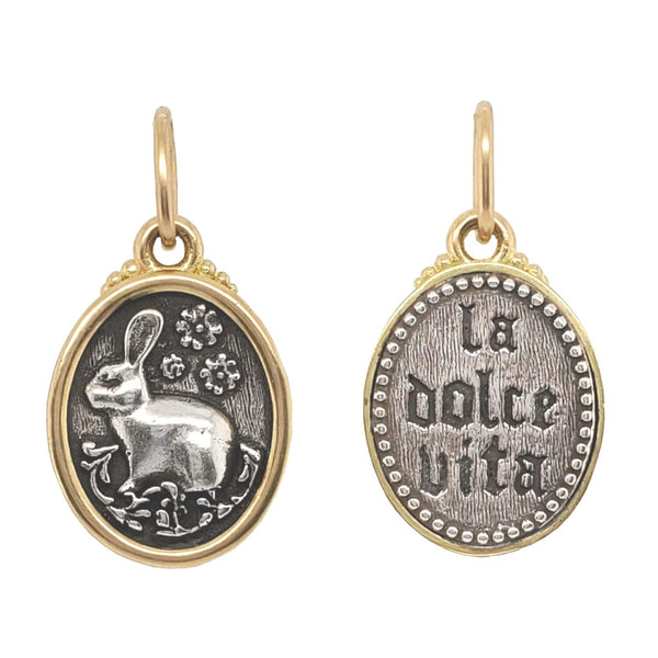 baby oval rabbit double sided charm reads "the sweet life" shown in oxidized sterling silver with 18k gold rim & hinge # c331c