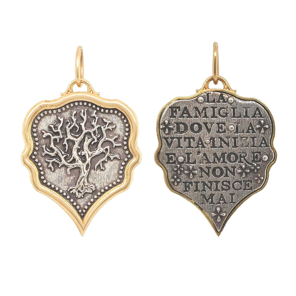 ornate pointy tree of life double sided charm reads "family, where life begins & love never ends" shown in oxidized sterling silver with 18k gold rim & bail #c332c