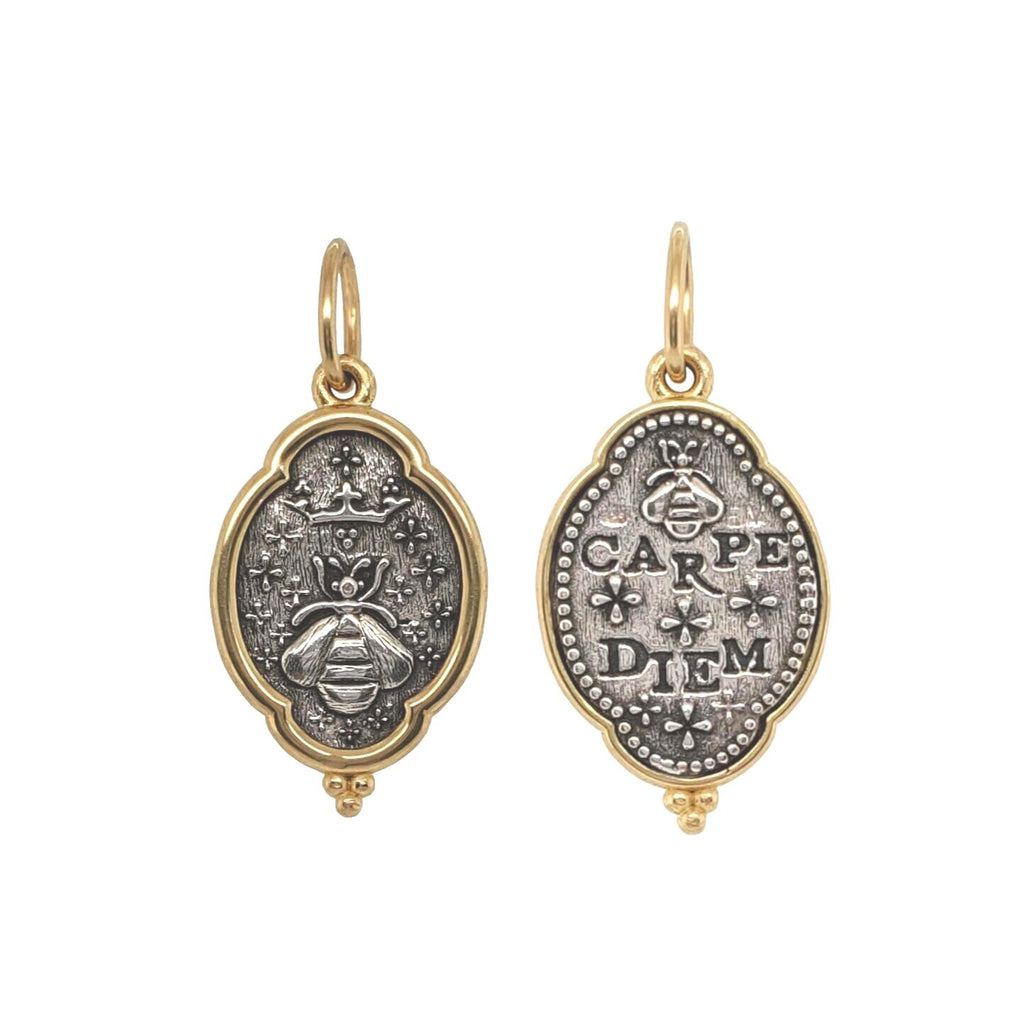 elongated medium fancy oval queen bee + crown double sided charm reads "seize the day" shown in oxidized sterling silver with 18k gold rim & bail #c334c