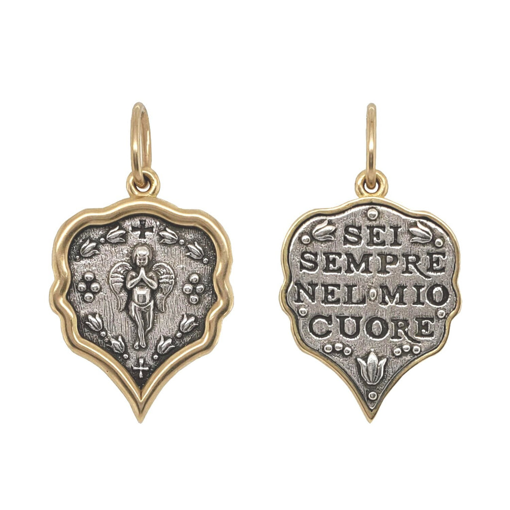 ornate medium pointy teardrop double sided cherub reads "you are always in my heart" shown in oxidized sterling silver with 18k gold rim & bail #c335c