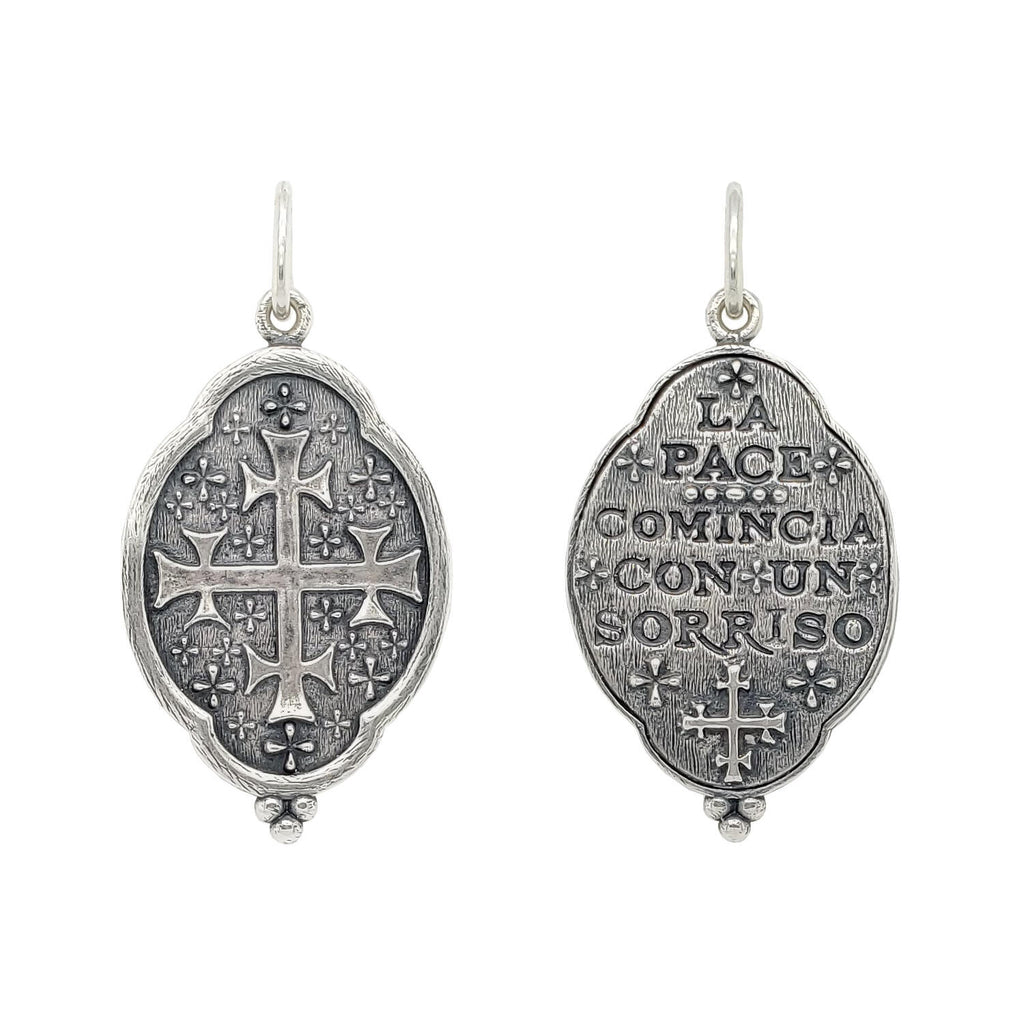 elongated large fancy oval double sided cross charm reads "Peace begins with a smile" Mother Theresa. Shown in oxidized sterling silver #c336-0