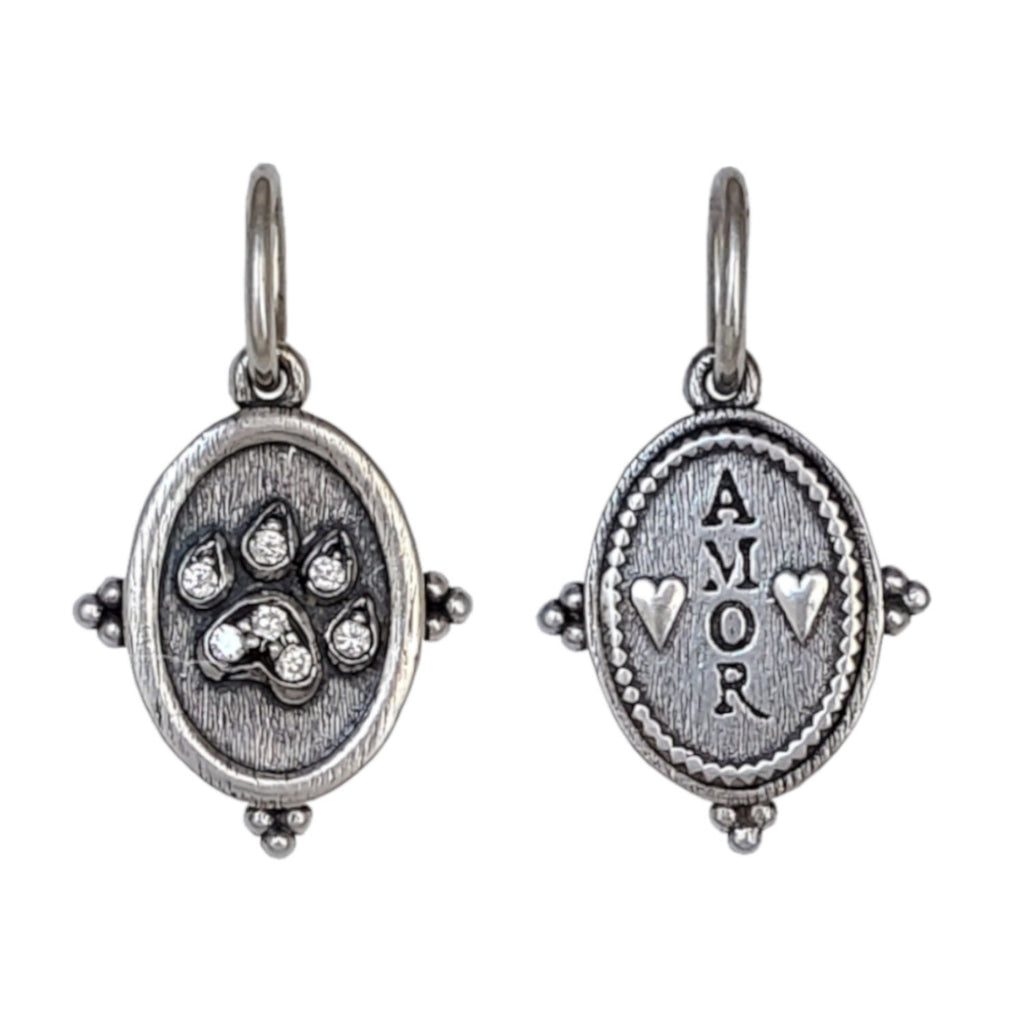 double sided kitty paw with white diamonds .071cts  charm reads "love" shown in oxidized sterling silver #c339-2