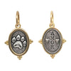 kitty paw double sided charm reads "love" shown in oxidized sterling silver with 18k gold rim & bail #c339c