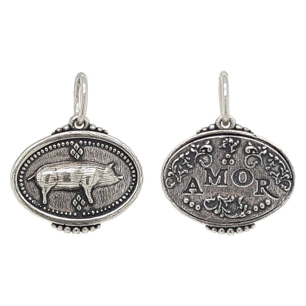 double sided small oval pig "Stanley" reads "love" shown in oxidized sterling silver #c340-0