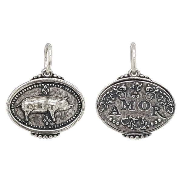 double sided small oval pig "Stanley" reads "love" shown in oxidized sterling silver #c340-0