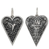 small slim heart + floral hummingbird double sided charm reads "she flies with her own wings" shown in oxidized sterling silver #c343-0