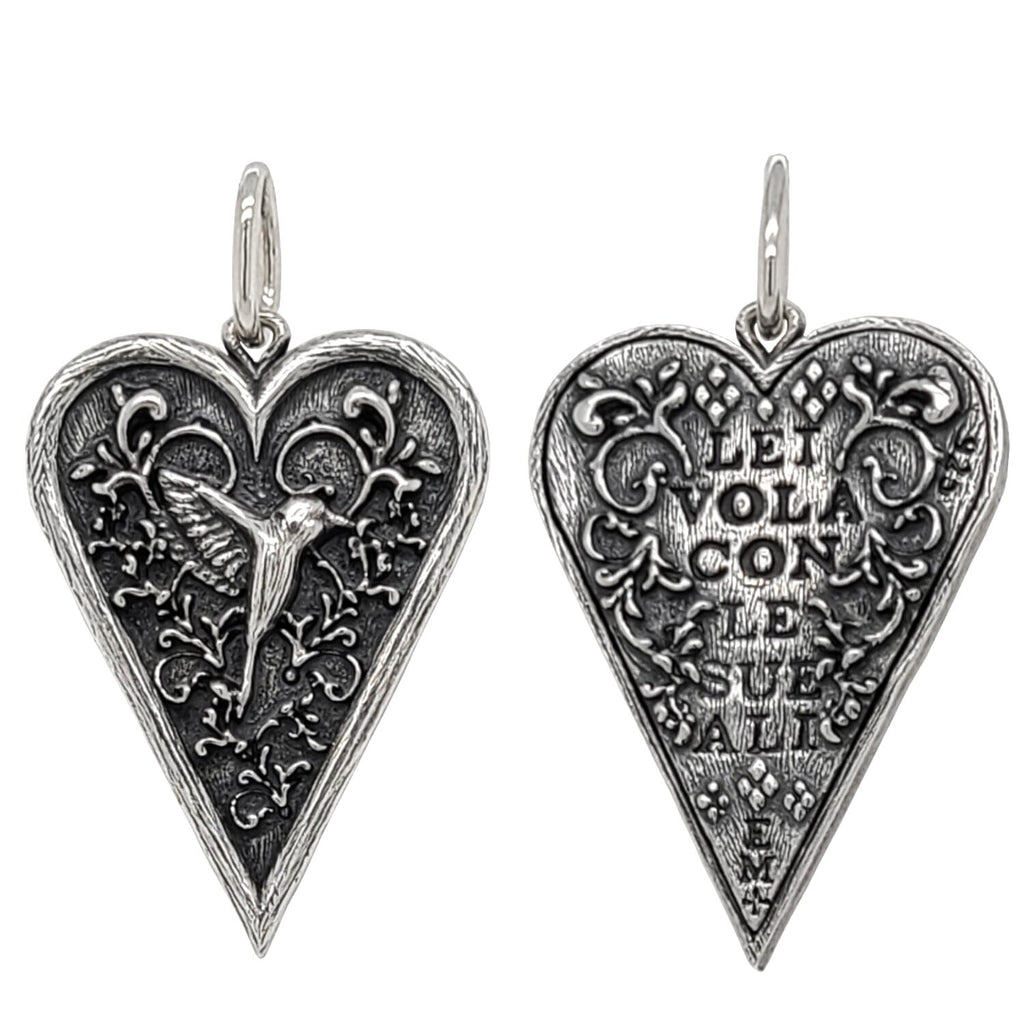 small slim heart + floral hummingbird double sided charm reads "she flies with her own wings" shown in oxidized sterling silver #c343-0