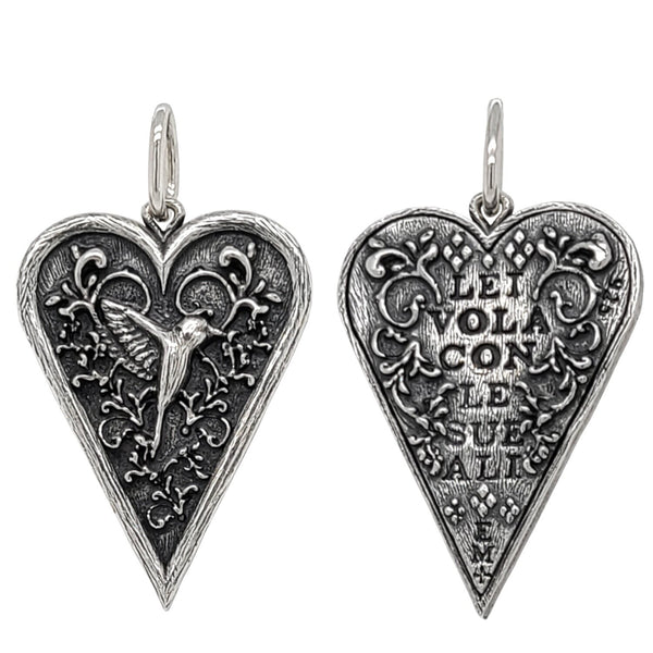 small slim heart + floral hummingbird double sided charm reads "she flies with her own wings" shown in oxidized sterling silver #c343-0