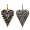 small slim heart + floral hummingbird double sided charm reads "she flies with her own wings" shown in oxidized sterling silver with 18k gold rim & bail #c343c