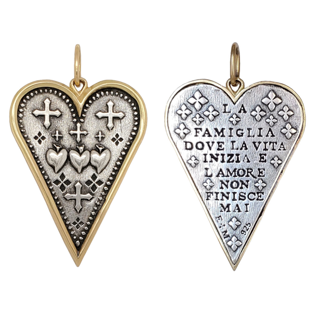 large slim hearts + triple sacred hearts double sided charm reads "family, where life begins & love never ends" shown in oxidized sterling silver with 18k gold rim & bail  #c344c