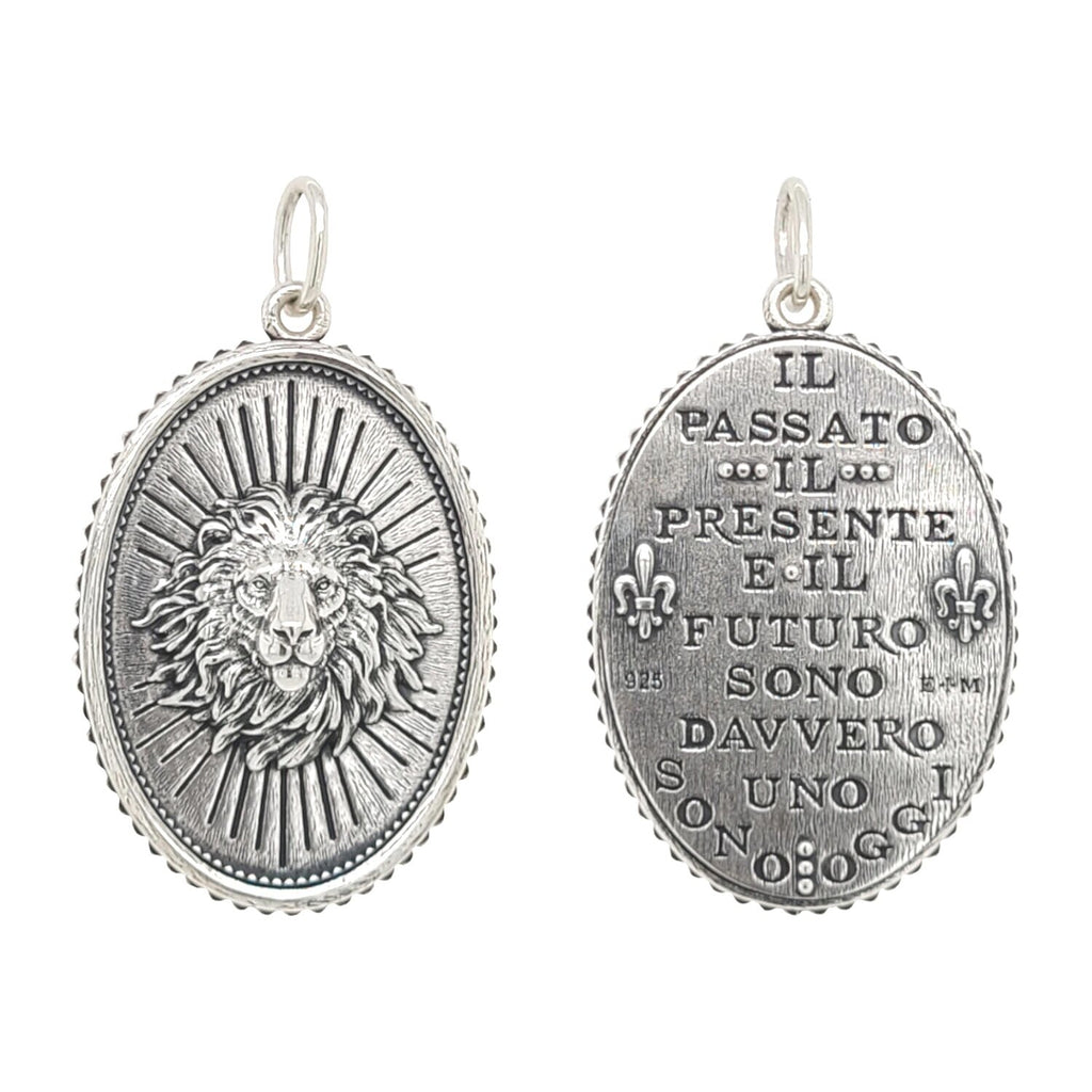 large oval lion head double sided charm read "The past, present & future are all truly one" by Harriet Beecher Stowe. Shown in oxidized sterling silver #c354-0