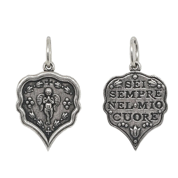 ornate medium pointy teardrop double sided cherub reads "you are always in my heart" shown in oxidized sterling silver #c335-0