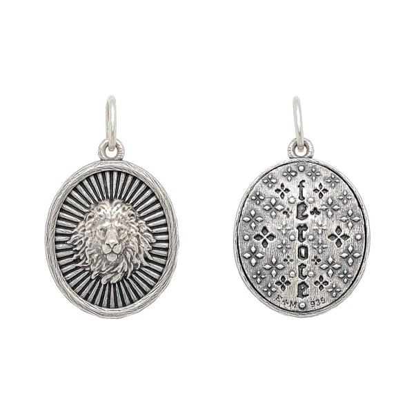 medium flared oval lion head double sided charm reads "fierce" shown in oxidized sterling silver #c355-0
