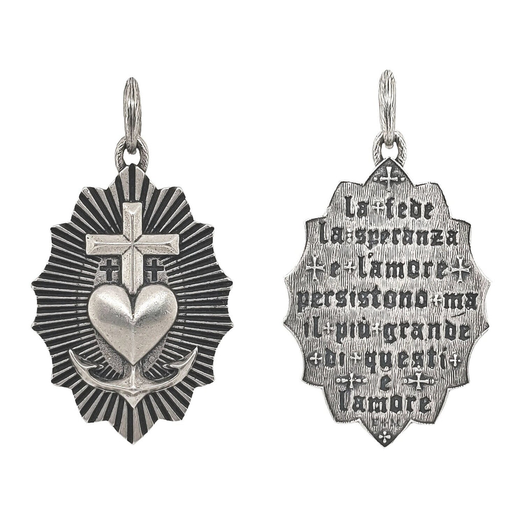 large Flared Cross of Camargue double sided cross reads "faith, hope & love endure but the greatest of these is love" - 1 Corinthians 13:B. Shown in ruched oxidized sterling silver  #c356-0