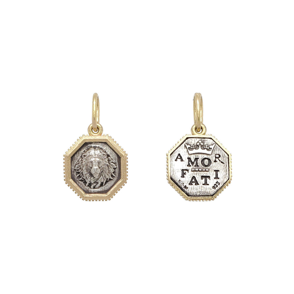 small hexgon lion head double sided charm reads "love life" shown in oxidized sterling silver with 18k gold rim & bail  #c359c