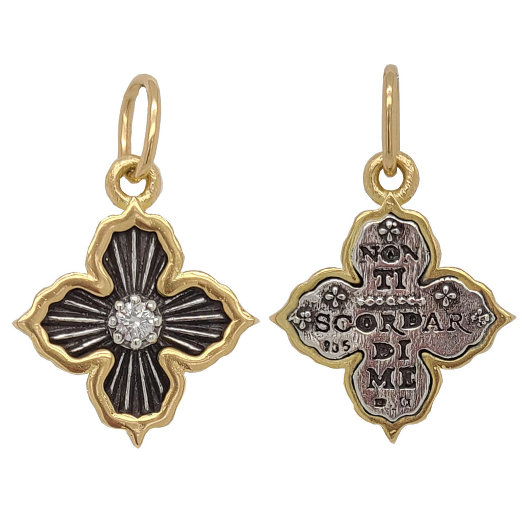 baby diamond ruche double sided charm with white diamond .10cts center reads "forget me not" in oxidized sterling silver with 18k gold rim & bail  #c364d