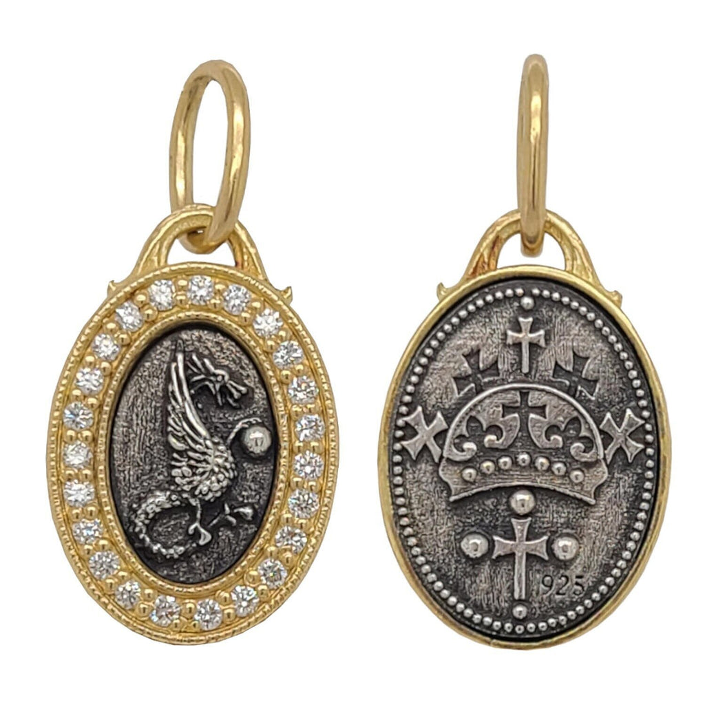baby oval double sided griffin + crown with diamonds .19cts  shown in oxidized sterling silver with 18k gold frame & bail #c366L-d